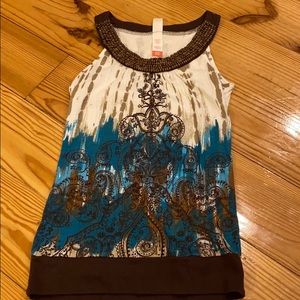 Brown, blue, and ivory tank with bead detail neck